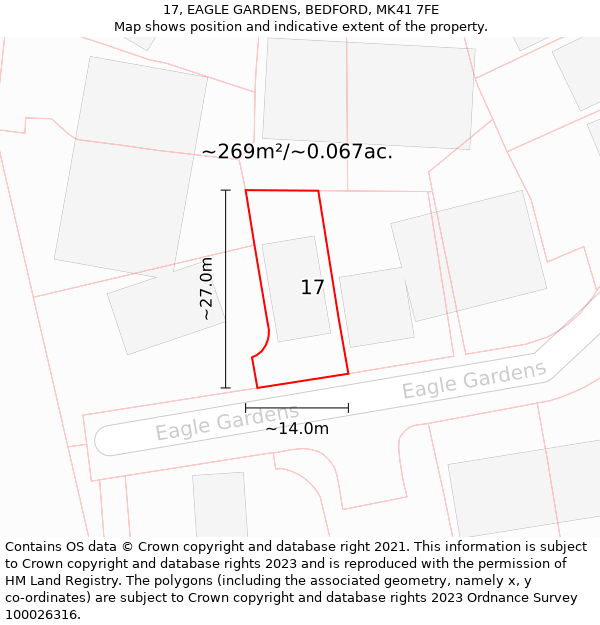 17, EAGLE GARDENS, BEDFORD, MK41 7FE: Plot and title map