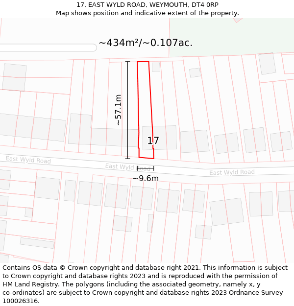 17, EAST WYLD ROAD, WEYMOUTH, DT4 0RP: Plot and title map