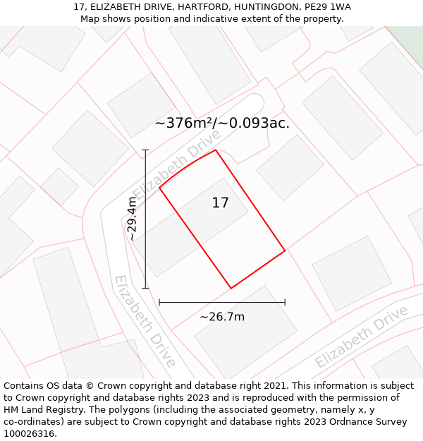 17, ELIZABETH DRIVE, HARTFORD, HUNTINGDON, PE29 1WA: Plot and title map