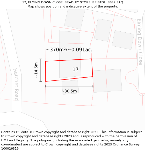 17, ELMING DOWN CLOSE, BRADLEY STOKE, BRISTOL, BS32 8AQ: Plot and title map