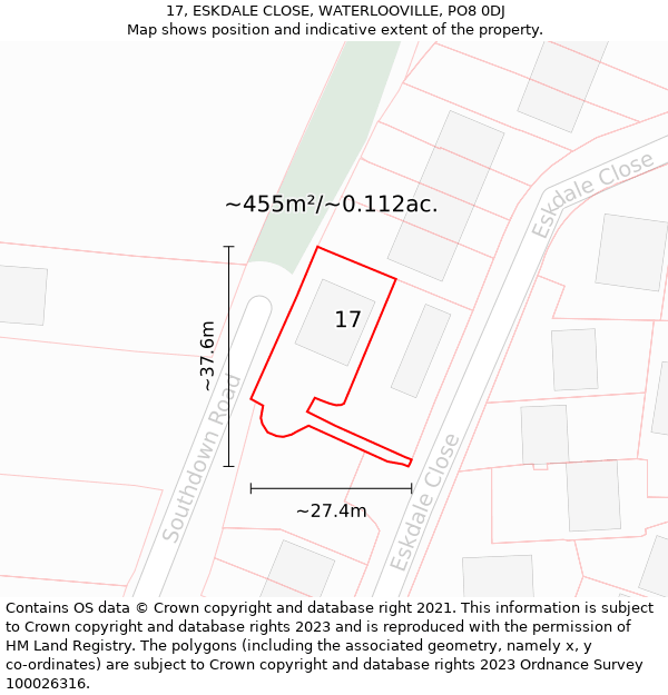 17, ESKDALE CLOSE, WATERLOOVILLE, PO8 0DJ: Plot and title map