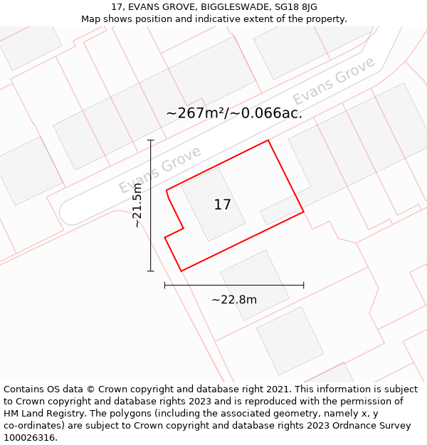 17, EVANS GROVE, BIGGLESWADE, SG18 8JG: Plot and title map