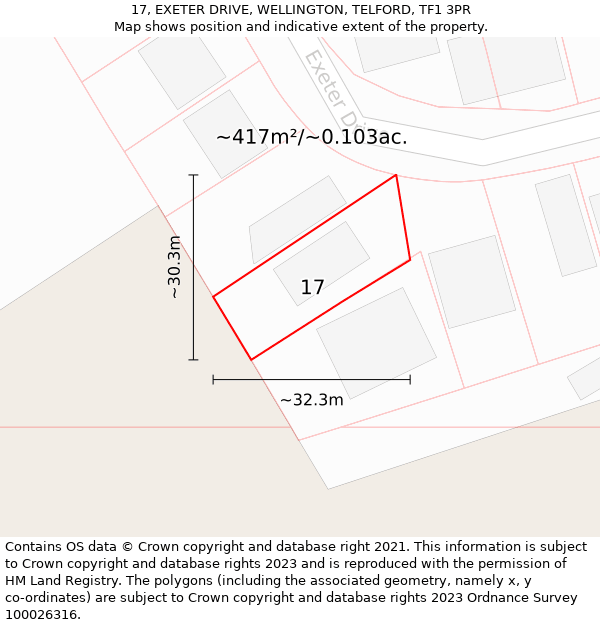 17, EXETER DRIVE, WELLINGTON, TELFORD, TF1 3PR: Plot and title map