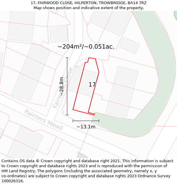 17, FAIRWOOD CLOSE, HILPERTON, TROWBRIDGE, BA14 7RZ: Plot and title map