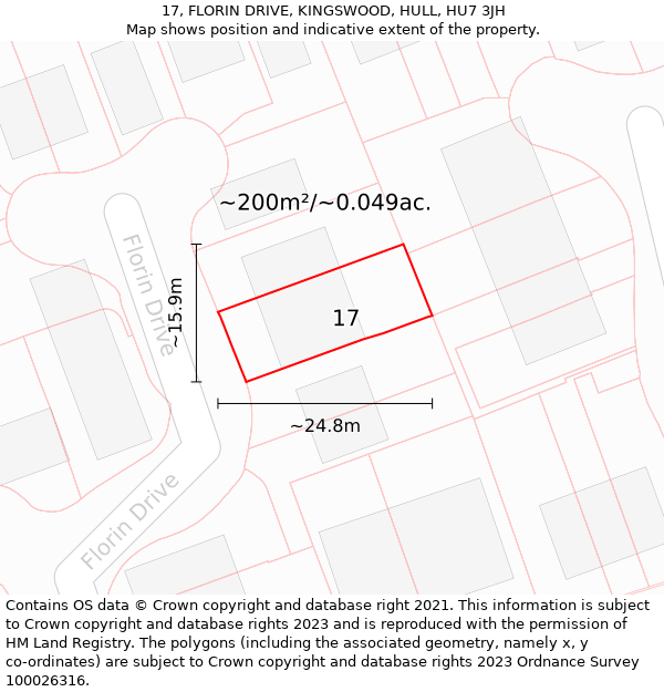 17, FLORIN DRIVE, KINGSWOOD, HULL, HU7 3JH: Plot and title map