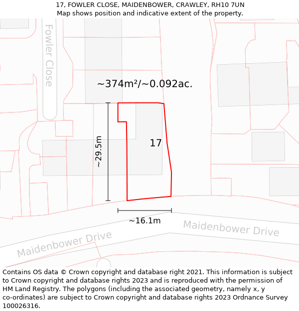 17, FOWLER CLOSE, MAIDENBOWER, CRAWLEY, RH10 7UN: Plot and title map