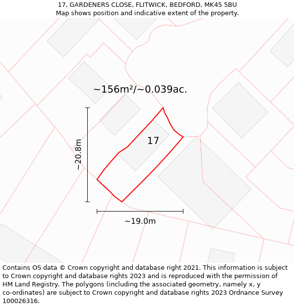 17, GARDENERS CLOSE, FLITWICK, BEDFORD, MK45 5BU: Plot and title map