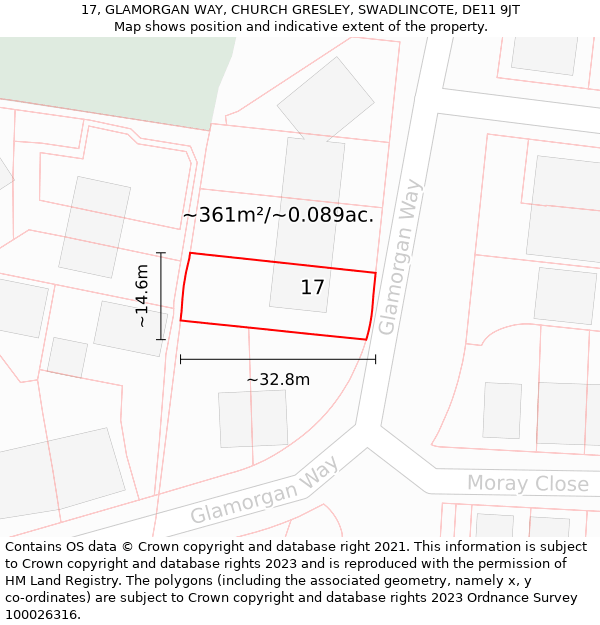 17, GLAMORGAN WAY, CHURCH GRESLEY, SWADLINCOTE, DE11 9JT: Plot and title map