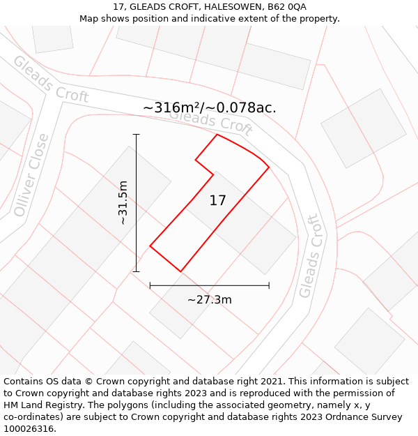 17, GLEADS CROFT, HALESOWEN, B62 0QA: Plot and title map