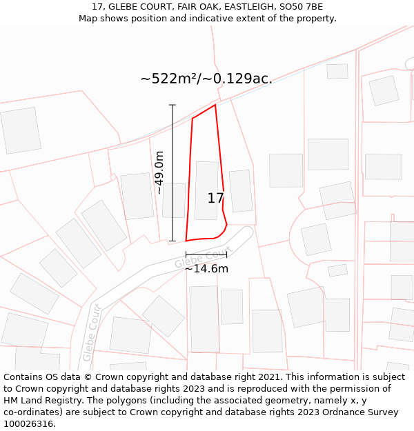 17, GLEBE COURT, FAIR OAK, EASTLEIGH, SO50 7BE: Plot and title map