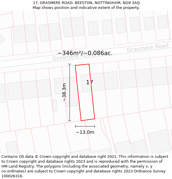 17, GRASMERE ROAD, BEESTON, NOTTINGHAM, NG9 3AQ: Plot and title map