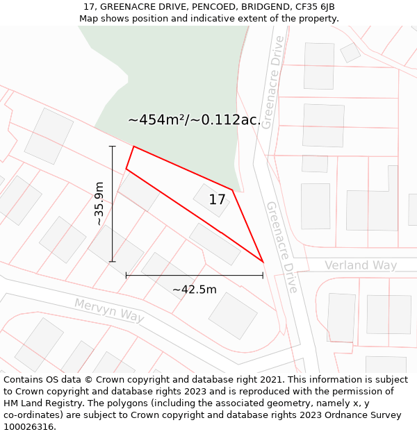 17, GREENACRE DRIVE, PENCOED, BRIDGEND, CF35 6JB: Plot and title map