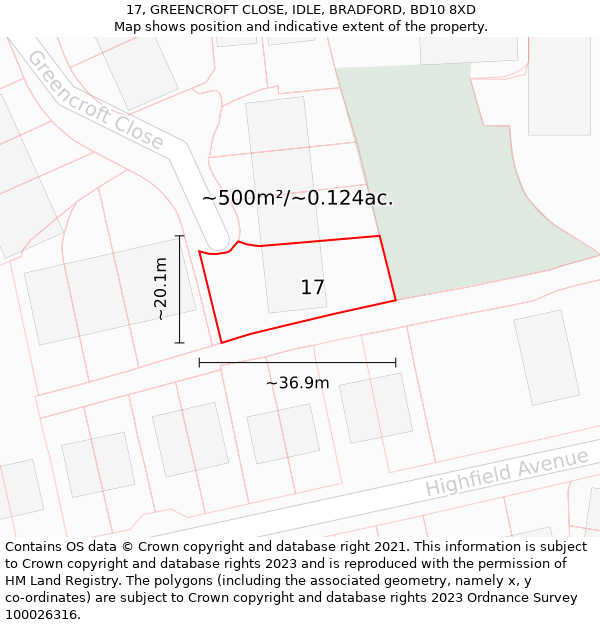 17, GREENCROFT CLOSE, IDLE, BRADFORD, BD10 8XD: Plot and title map