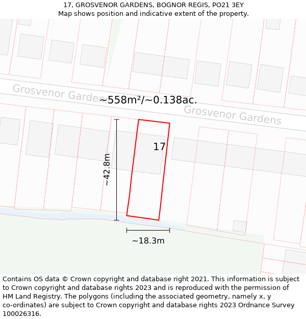 17, GROSVENOR GARDENS, BOGNOR REGIS, PO21 3EY: Plot and title map