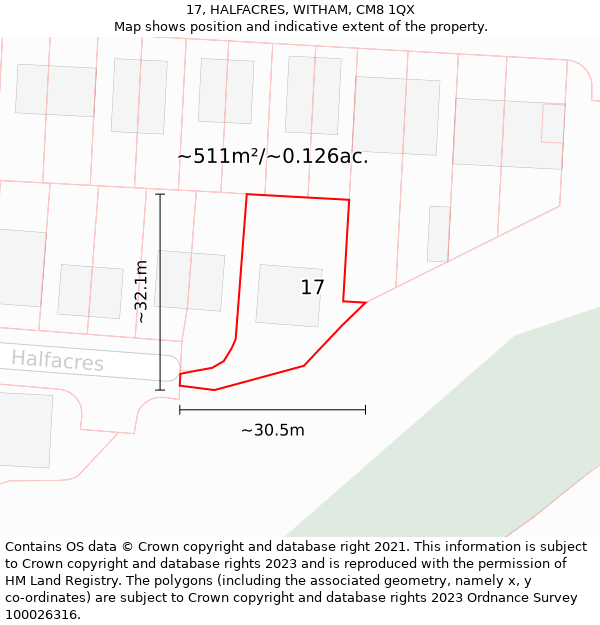 17, HALFACRES, WITHAM, CM8 1QX: Plot and title map