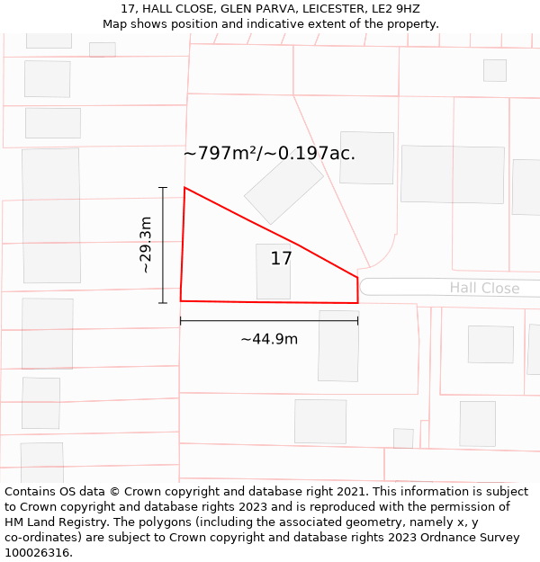 17, HALL CLOSE, GLEN PARVA, LEICESTER, LE2 9HZ: Plot and title map