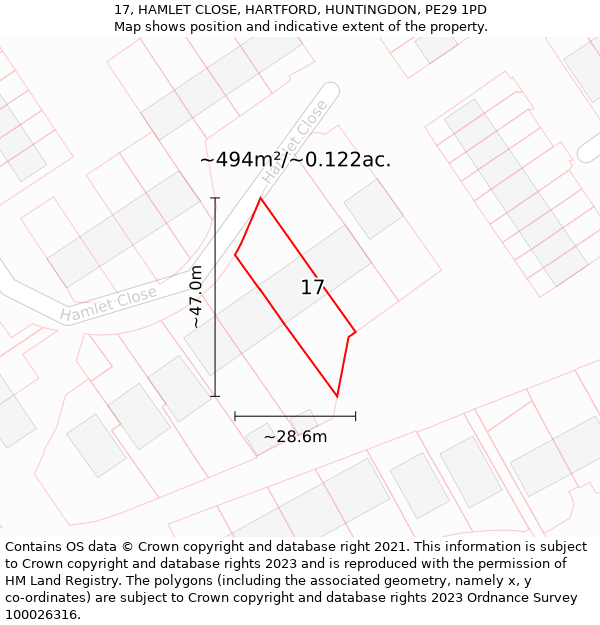 17, HAMLET CLOSE, HARTFORD, HUNTINGDON, PE29 1PD: Plot and title map