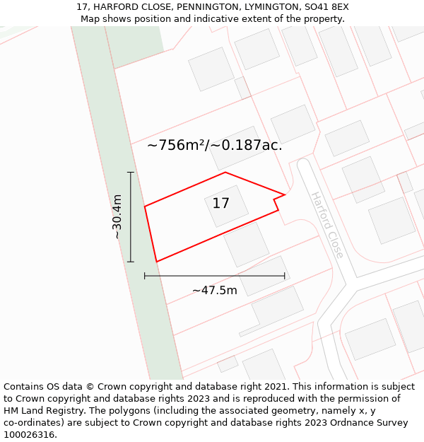 17, HARFORD CLOSE, PENNINGTON, LYMINGTON, SO41 8EX: Plot and title map