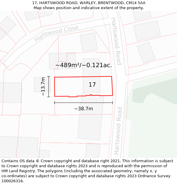17, HARTSWOOD ROAD, WARLEY, BRENTWOOD, CM14 5AA: Plot and title map