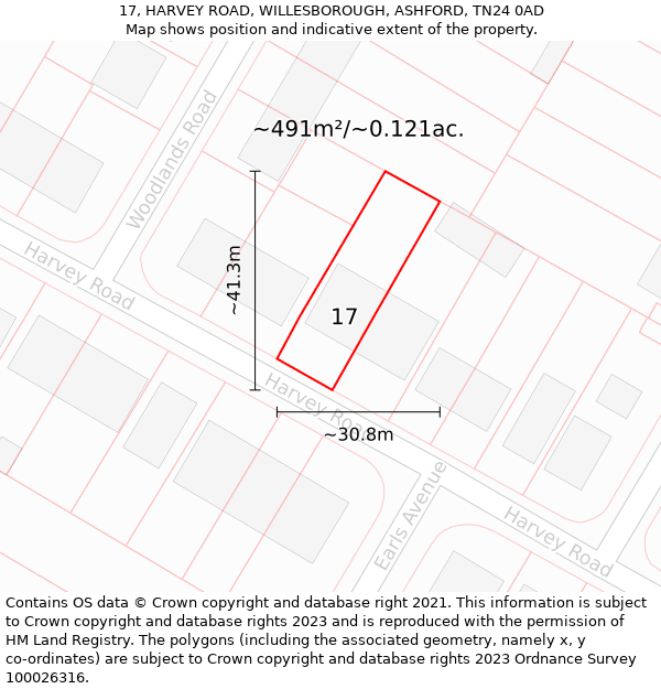 17, HARVEY ROAD, WILLESBOROUGH, ASHFORD, TN24 0AD: Plot and title map