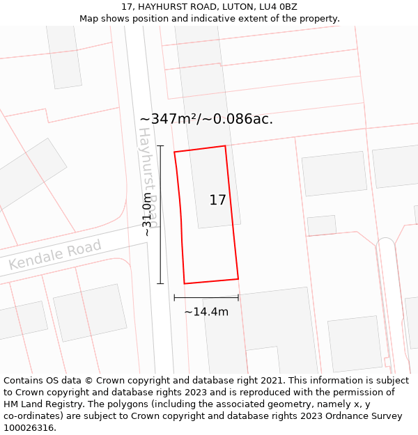 17, HAYHURST ROAD, LUTON, LU4 0BZ: Plot and title map