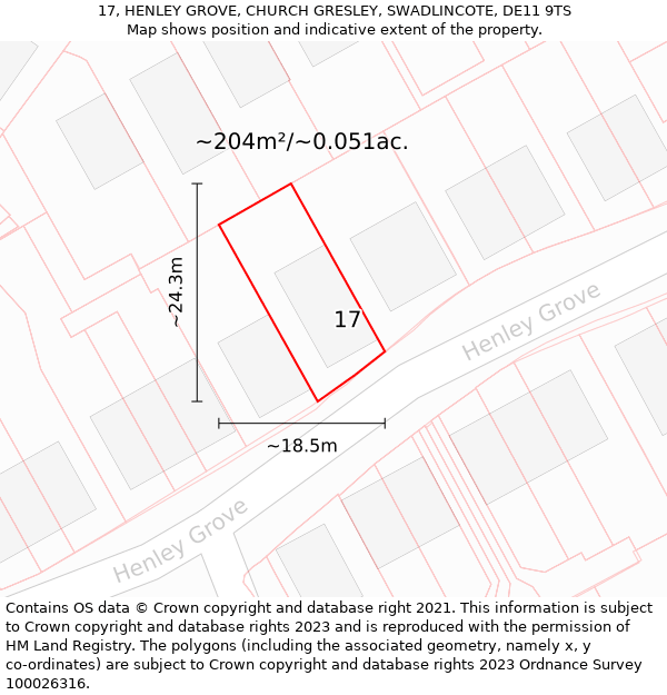 17, HENLEY GROVE, CHURCH GRESLEY, SWADLINCOTE, DE11 9TS: Plot and title map