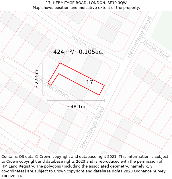17, HERMITAGE ROAD, LONDON, SE19 3QW: Plot and title map