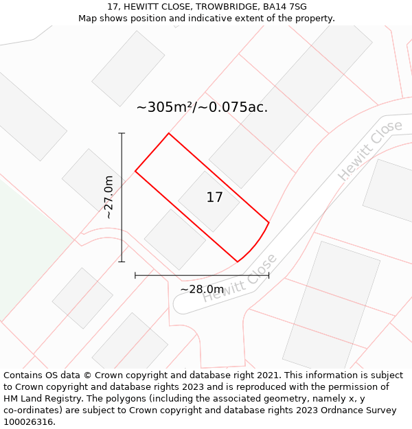 17, HEWITT CLOSE, TROWBRIDGE, BA14 7SG: Plot and title map