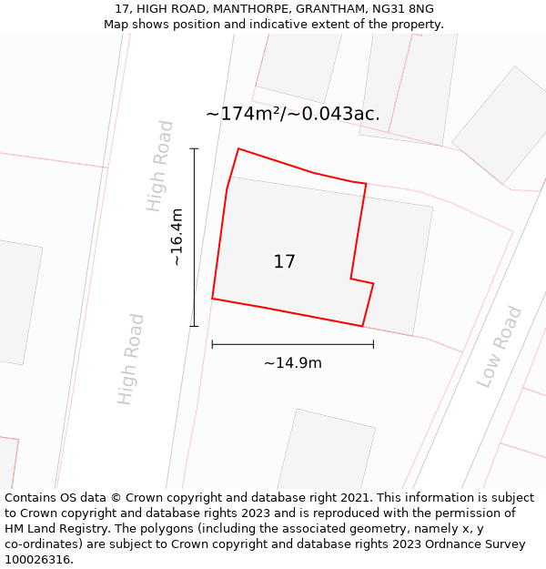 17, HIGH ROAD, MANTHORPE, GRANTHAM, NG31 8NG: Plot and title map