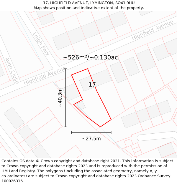 17, HIGHFIELD AVENUE, LYMINGTON, SO41 9HU: Plot and title map