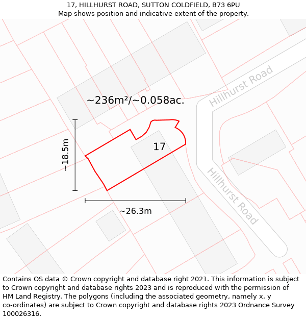 17, HILLHURST ROAD, SUTTON COLDFIELD, B73 6PU: Plot and title map