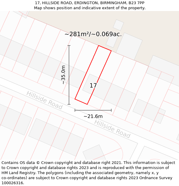 17, HILLSIDE ROAD, ERDINGTON, BIRMINGHAM, B23 7PP: Plot and title map