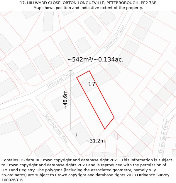17, HILLWARD CLOSE, ORTON LONGUEVILLE, PETERBOROUGH, PE2 7AB: Plot and title map