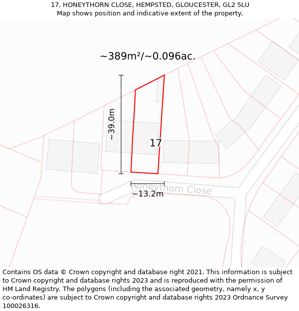 17, HONEYTHORN CLOSE, HEMPSTED, GLOUCESTER, GL2 5LU: Plot and title map