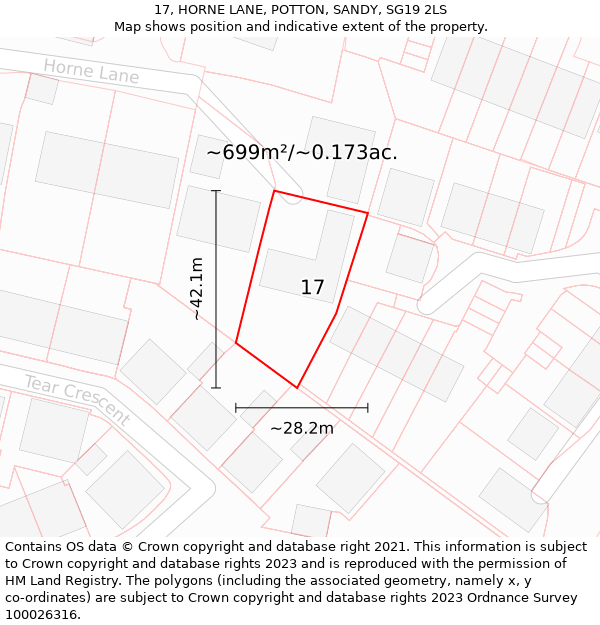 17, HORNE LANE, POTTON, SANDY, SG19 2LS: Plot and title map