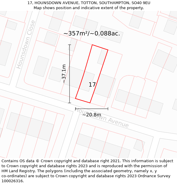 17, HOUNSDOWN AVENUE, TOTTON, SOUTHAMPTON, SO40 9EU: Plot and title map