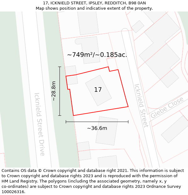 17, ICKNIELD STREET, IPSLEY, REDDITCH, B98 0AN: Plot and title map