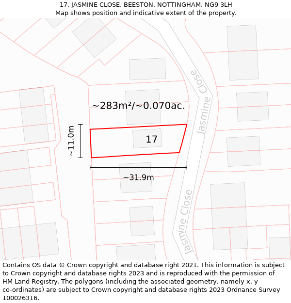 17, JASMINE CLOSE, BEESTON, NOTTINGHAM, NG9 3LH: Plot and title map