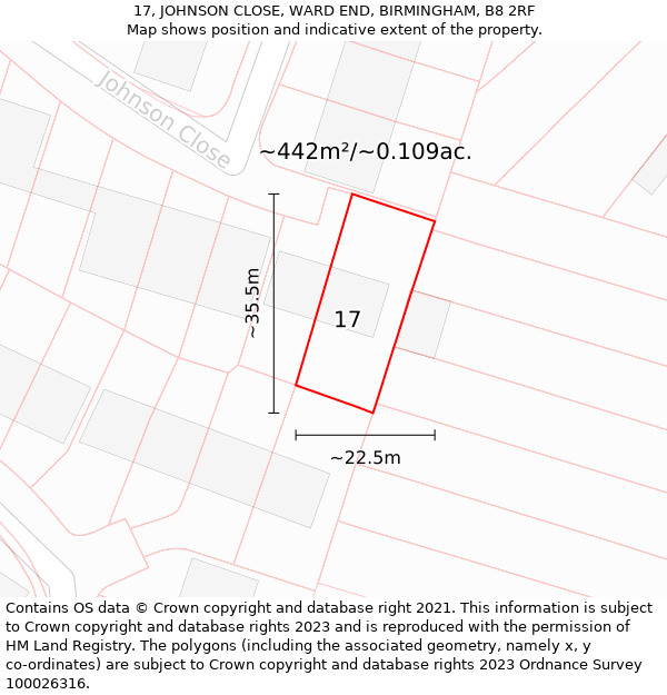 17, JOHNSON CLOSE, WARD END, BIRMINGHAM, B8 2RF: Plot and title map