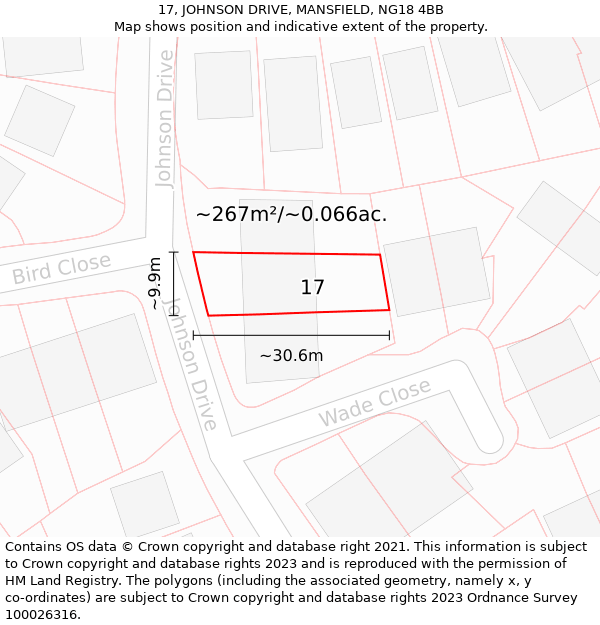 17, JOHNSON DRIVE, MANSFIELD, NG18 4BB: Plot and title map