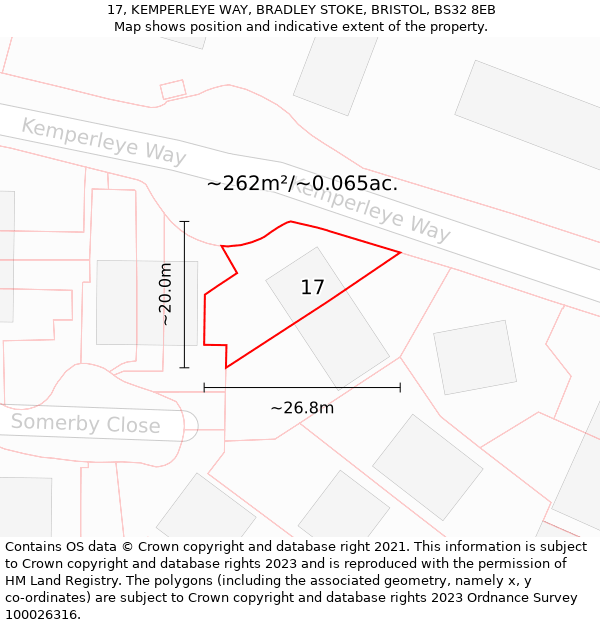 17, KEMPERLEYE WAY, BRADLEY STOKE, BRISTOL, BS32 8EB: Plot and title map