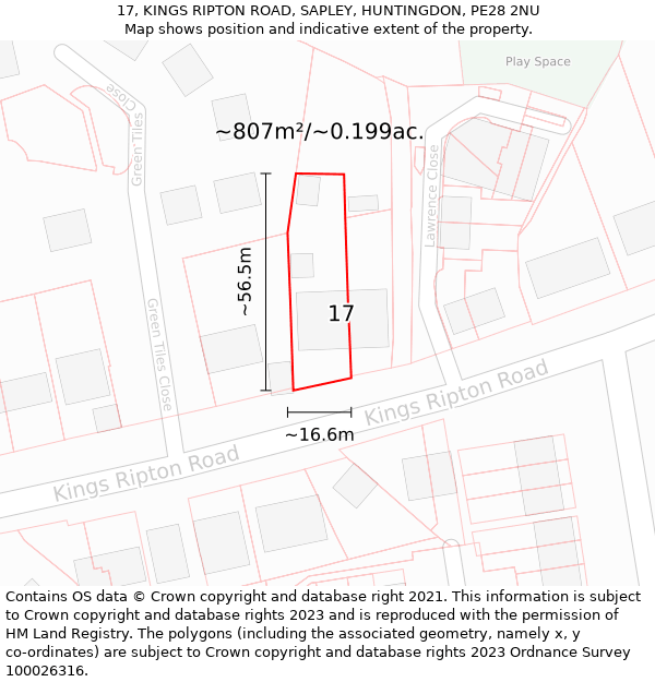 17, KINGS RIPTON ROAD, SAPLEY, HUNTINGDON, PE28 2NU: Plot and title map