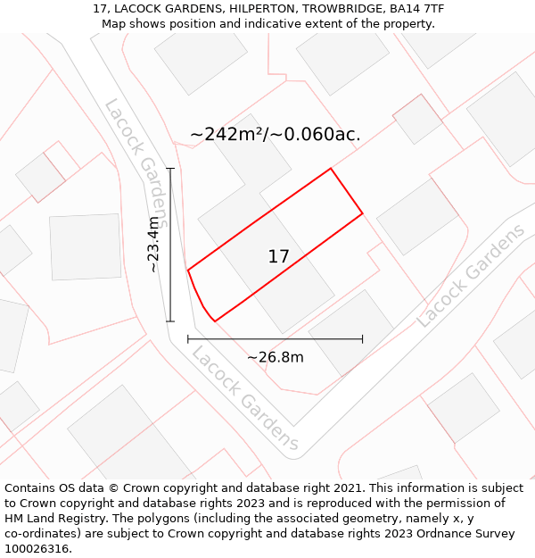 17, LACOCK GARDENS, HILPERTON, TROWBRIDGE, BA14 7TF: Plot and title map