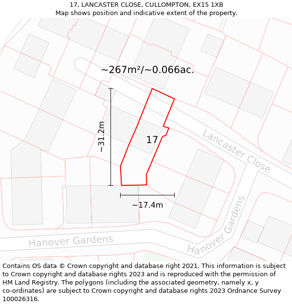 17, LANCASTER CLOSE, CULLOMPTON, EX15 1XB: Plot and title map