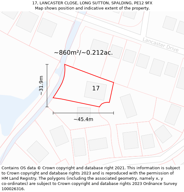 17, LANCASTER CLOSE, LONG SUTTON, SPALDING, PE12 9FX: Plot and title map