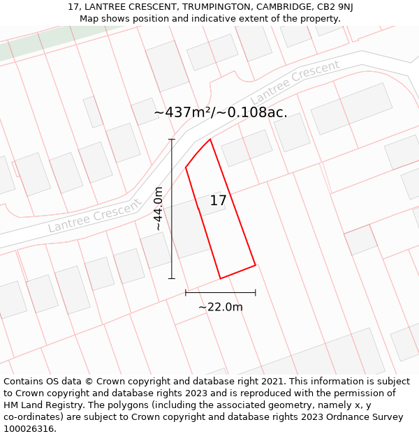 17, LANTREE CRESCENT, TRUMPINGTON, CAMBRIDGE, CB2 9NJ: Plot and title map