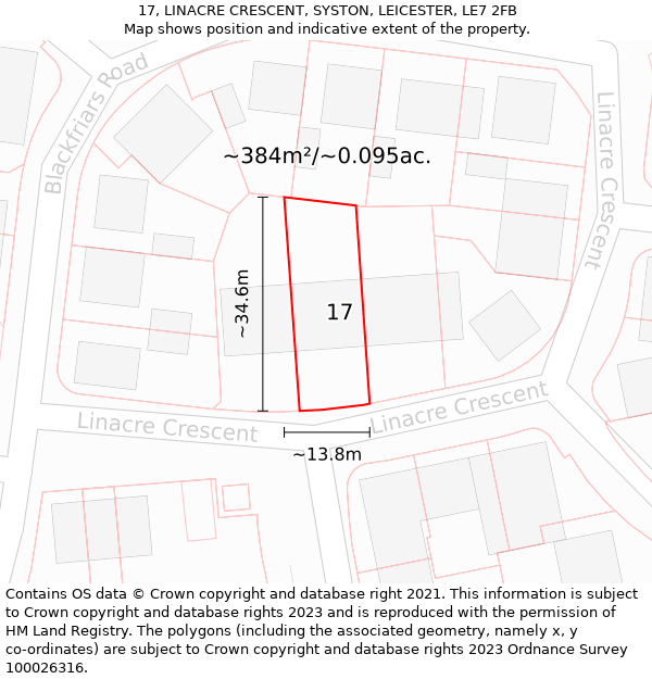 17, LINACRE CRESCENT, SYSTON, LEICESTER, LE7 2FB: Plot and title map