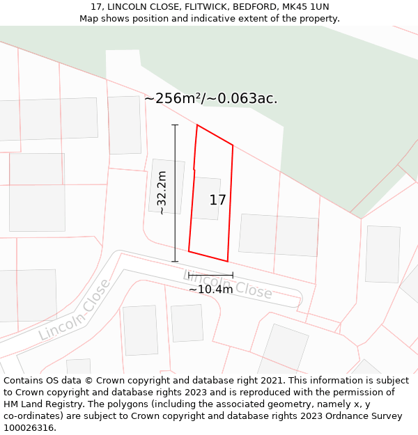 17, LINCOLN CLOSE, FLITWICK, BEDFORD, MK45 1UN: Plot and title map