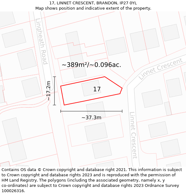 17, LINNET CRESCENT, BRANDON, IP27 0YL: Plot and title map