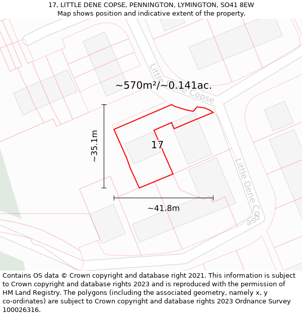 17, LITTLE DENE COPSE, PENNINGTON, LYMINGTON, SO41 8EW: Plot and title map